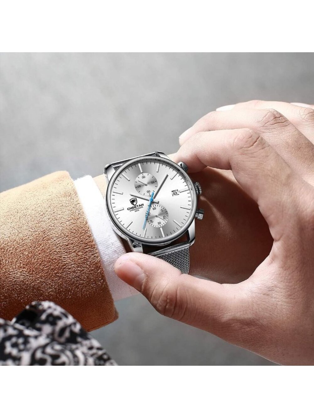 Sleek Minimalist Men's Watch - Waterproof Quartz Analog Chronograph with Mesh - Picture 7 of 9
